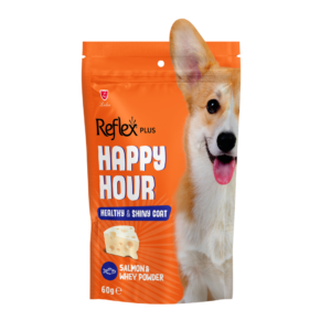 PACK OF 10 - REFLEX HAPPY HOUR DOG TREAT SHINY COAT - SALMON & WHEY POWDER 60GR